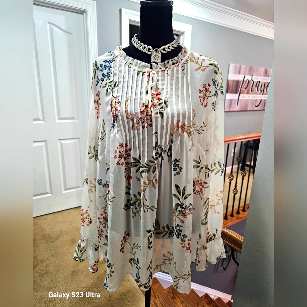 Liz Claiborne Blouse Ruffle Sleeve Pleat Tie Front Semi Sheer Women’s Size XL
